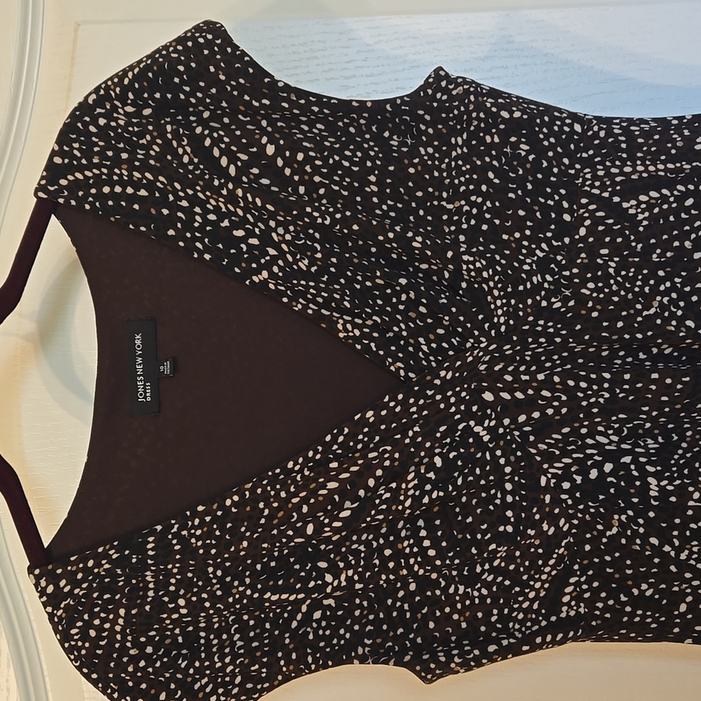 Jones New York Cap Sleeve Brown W/ Black,White,& Tan Abstract Dots Dress Size 10 - Picture 3 of 12